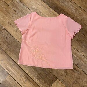 SERBIN 1970's Vintage Top Blouse Pink Lined Sheer Short Sleeve Size 14 NICE!